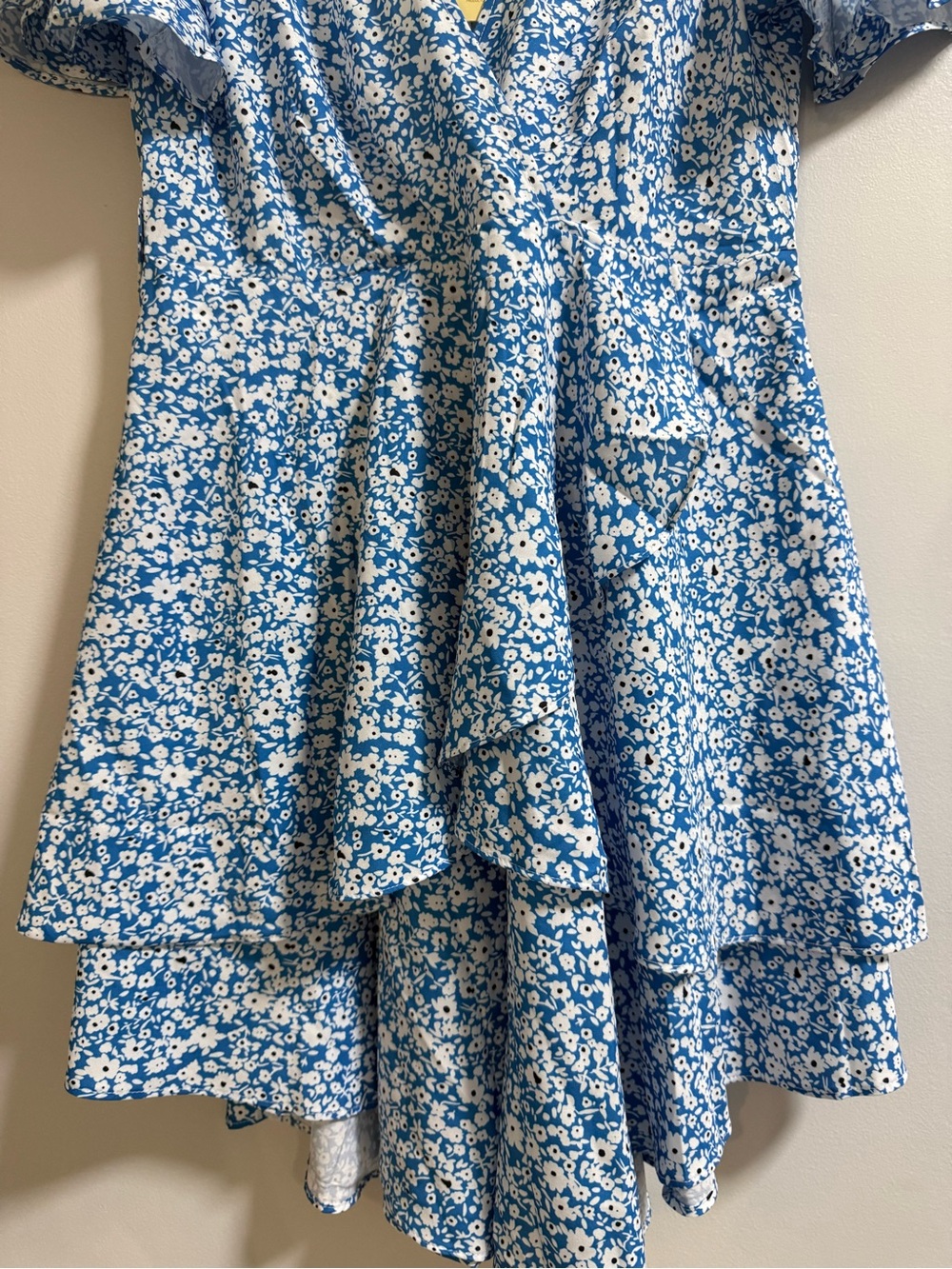 Hao Meili Blue Floral Ruffle Mini Swing Skater Dresses - Picture 3 of 9